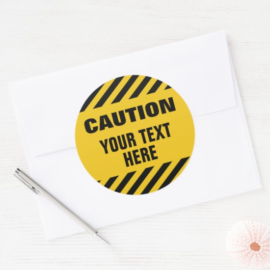 Caution stripes with any text round ronde sticker (Envelop)