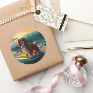 Cavalier King Beach Surfen Schilderij Ronde Sticker