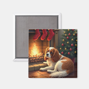 Cavalier King Charles bij de open haard Kerstmis Magneet