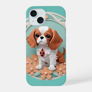Cavalier King Charles Bloemen Papier Snijkunst iPhone 15 Hoesje