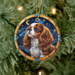 Cavalier King Charles Glas in lood Night Sky Moon Keramisch Ornament