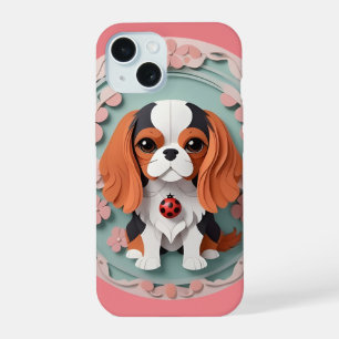 Cavalier King Charles Roze Bloemen Papier Snijden iPhone 15 Hoesje