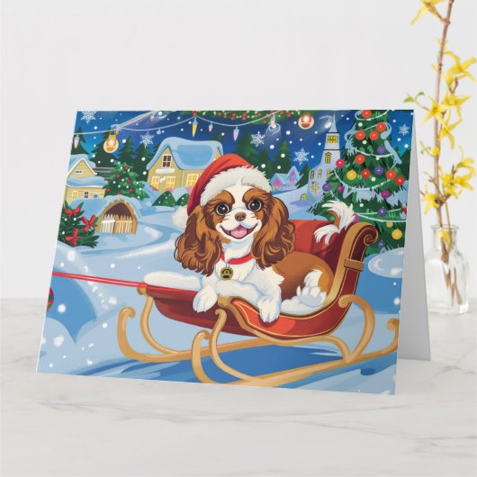 Cavalier King Charles Sleigh Sneeuwkerst Kaart (Gele Bloem)