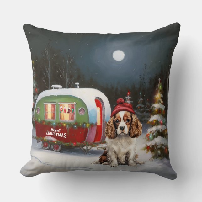 Cavalier King Charles Spaniel Caravan Kerstmis Kussen (Voorkant)