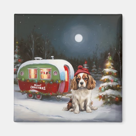 Cavalier King Charles Spaniel Caravan Kerstmis Magneet (Voorkant)