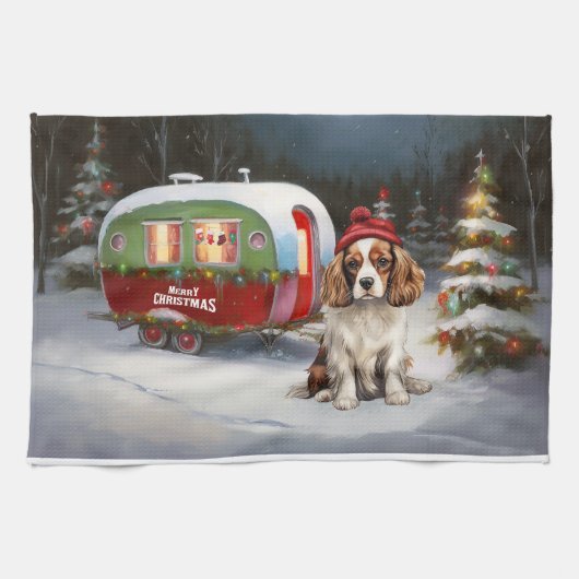 Cavalier King Charles Spaniel Caravan Kerstmis Theedoek (Horizontaal)