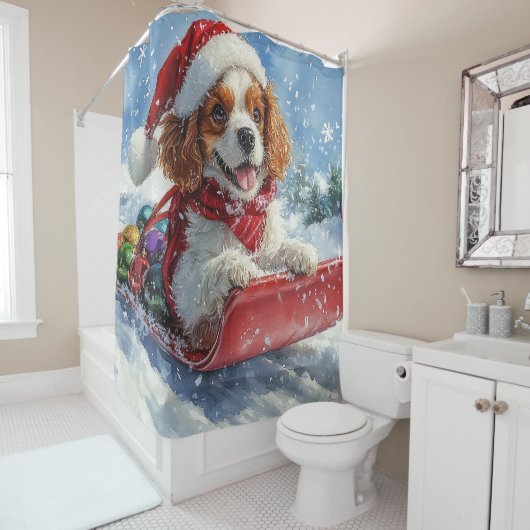 Cavalier King Charles Spaniel Dog Sledge Kerstmis Douchegordijn (In situ)