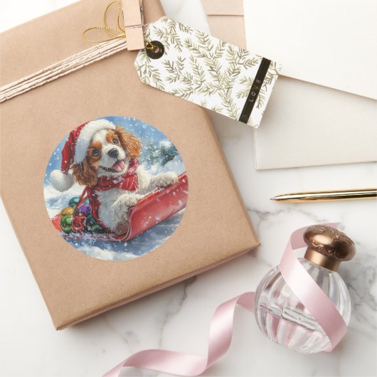 Cavalier King Charles Spaniel Dog Sledge Kerstmis Ronde Sticker (Geschenken)