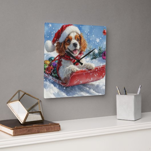 Cavalier King Charles Spaniel Dog Sledge Kerstmis Vierkante Klok (Kantoor)