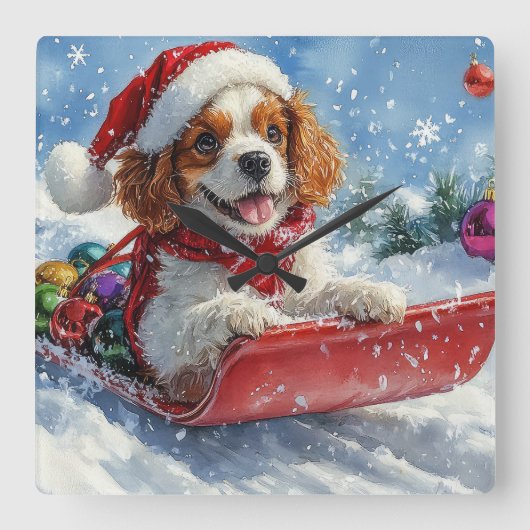 Cavalier King Charles Spaniel Dog Sledge Kerstmis Vierkante Klok (Voorkant)