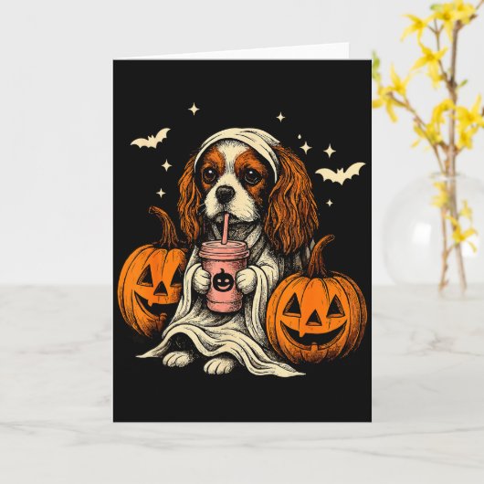 Cavalier King Charles Spaniel Ghost Halloween Cava Kaart (Gele Bloem)