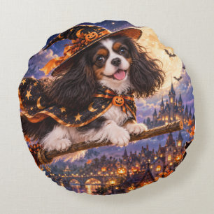 Cavalier King Charles Spaniel Halloween Heksenhond Rond Kussen