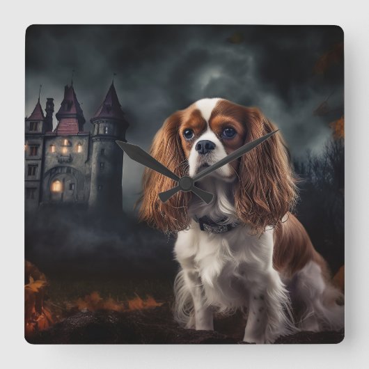 Cavalier King Charles Spaniel Halloween Scary Vierkante Klok (Voorkant)