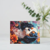 Cavalier King Charles Spaniel in bloemen Briefkaart (Staand voorkant)