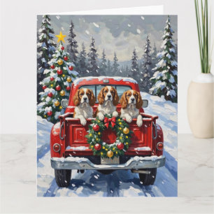 Cavalier King Charles Spaniel Kerstmis Rode Truck Kaart
