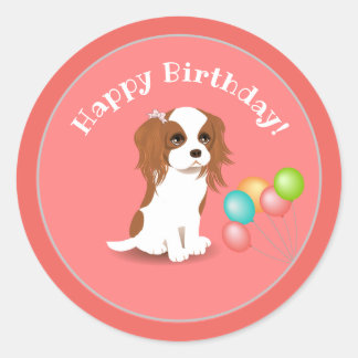 Cavalier King Charles Spaniel Pink Happy Birthday Ronde Sticker