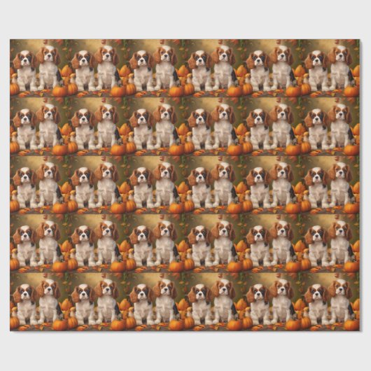 Cavalier King Charles Spaniel Puppy Herfst Pompoen Cadeaupapier (Vlak)