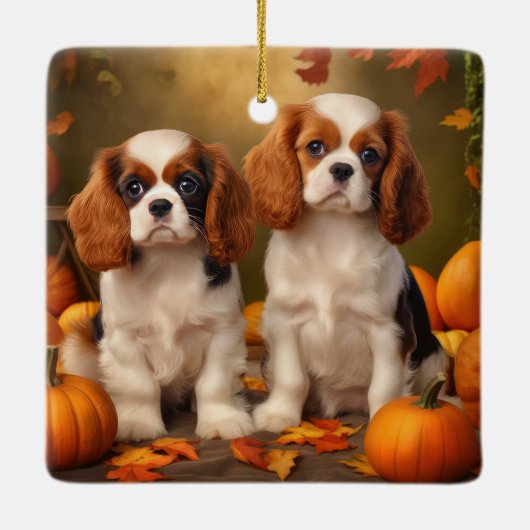 Cavalier King Charles Spaniel Puppy Herfst Pompoen Keramisch Ornament (Achterkant)