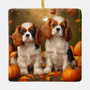 Cavalier King Charles Spaniel Puppy Herfst Pompoen Keramisch Ornament
