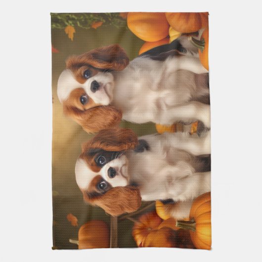 Cavalier King Charles Spaniel Puppy Herfst Pompoen Theedoek (Verticaal)