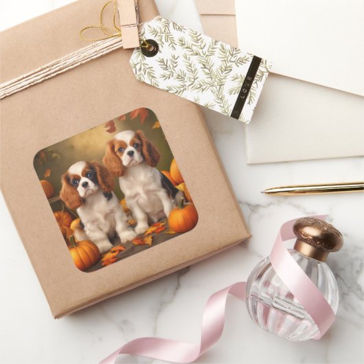 Cavalier King Charles Spaniel Puppy Herfst Pompoen Vierkante Sticker (Geschenken)