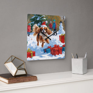 Cavalier King Charles Spaniel Sneeuw met Kerstmis  Vierkante Klok