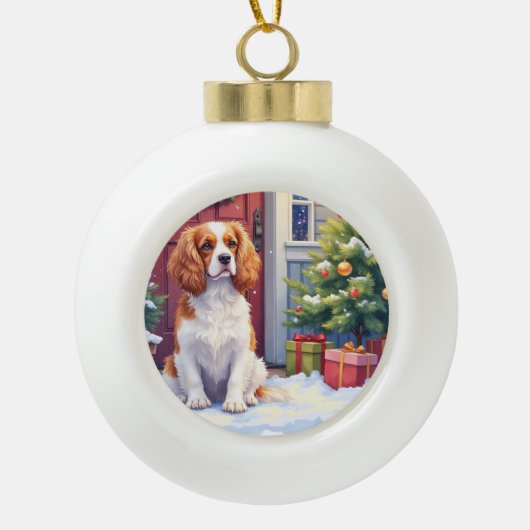 Cavalier King Charles Spaniel Snowy Christmas Keramische Bal Ornament (Voorkant)