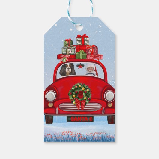 Cavalier King Dog in auto met kerstman Cadeaulabel (Achterkant)