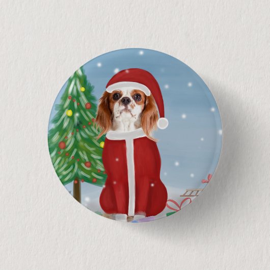 Cavalier King Dog in Snow met kerstcadeaus Ronde Button 3,2 Cm (Voorkant)
