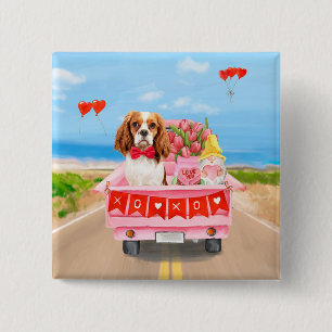 Cavalier King Dog Valentijnsdag Truck Hearts Vierkante Button 5,1 Cm