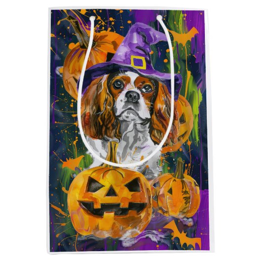 Cavalier King Hond Halloween Heks en Pompoen Medium Cadeauzakje (Voorkant)