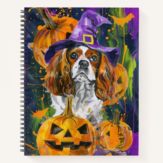 Cavalier King Hond Halloween Heks en Pompoen Notitieboek (Voorkant)