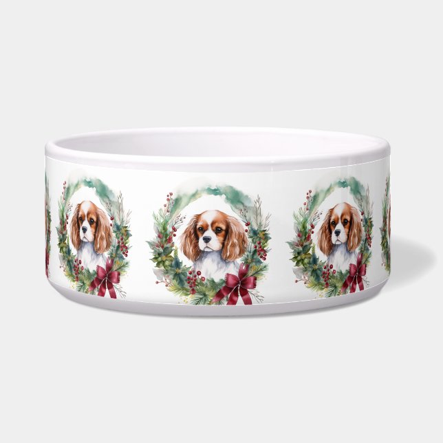 Cavalier King Kerstkrans Festieve Pup Voerbakje (Voorkant)