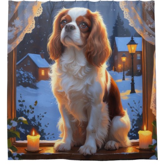 Cavalier King met kerstverlichting Douchegordijn (Voorkant)