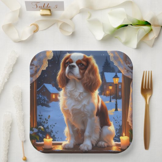 Cavalier King met kerstverlichting Papieren Bordje (Huwelijk)