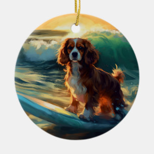 Cavalier King Strand Surfen Schilderij Keramisch Ornament