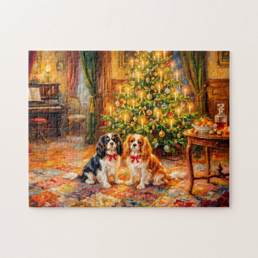 Cavalier Spaniels bij de Kerstboom Legpuzzel (Horizontaal)