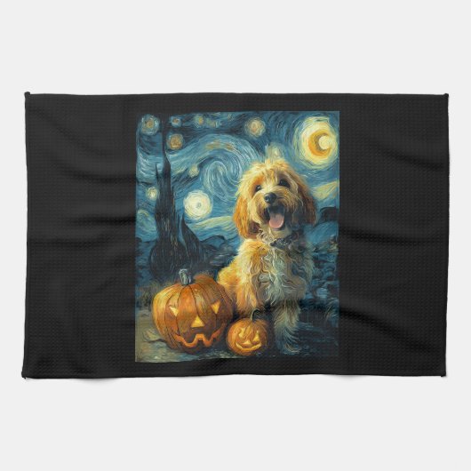 Cavapoo Cute Dog Halloween Jack O Lantern Pumpkin Theedoek (Horizontaal)