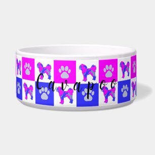 Cavapoo Silhouett Dog & Paw Hot Pink en Blue Bowl Voerbakje