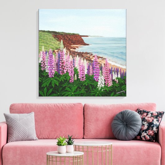 Cavendish Cliffs and Spring Lupins Canvas Print (Insitu (Woonkamer))