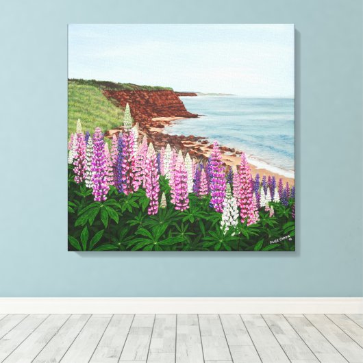 Cavendish Cliffs and Spring Lupins Canvas Print (Insitu (Houten vloer))