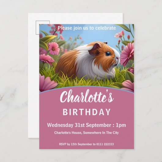 Cavia Pig & Roze Bloemen Verjaardagsfeest Uitnodiging Briefkaart (Voorkant / Achterkant)