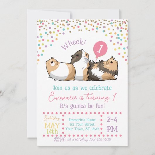Cavia Verjaardagsfeestje Uitnodiging Confetti (Voorkant)