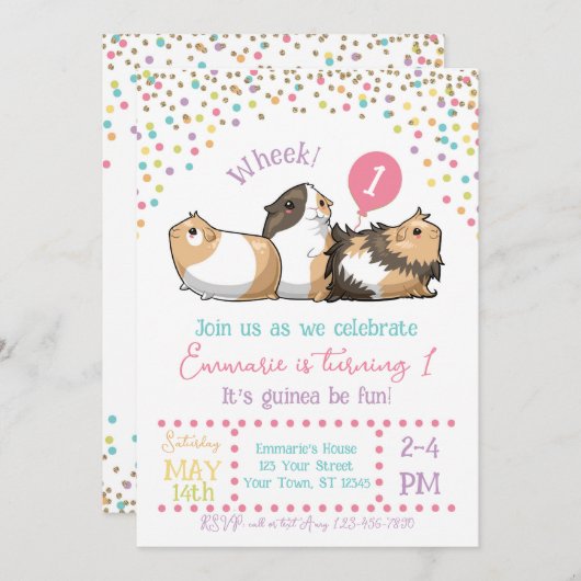 Cavia Verjaardagsfeestje Uitnodiging Confetti (Voorkant / Achterkant)