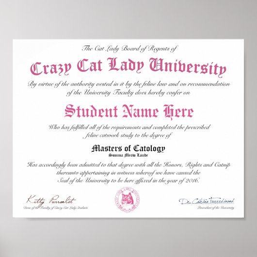 CCLU Diploma - Roze zegel - Kattenportret Poster (Voorkant)