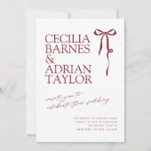 CECILIA Burgundy Wedding Invitation with Bow Kaart (Voorkant)