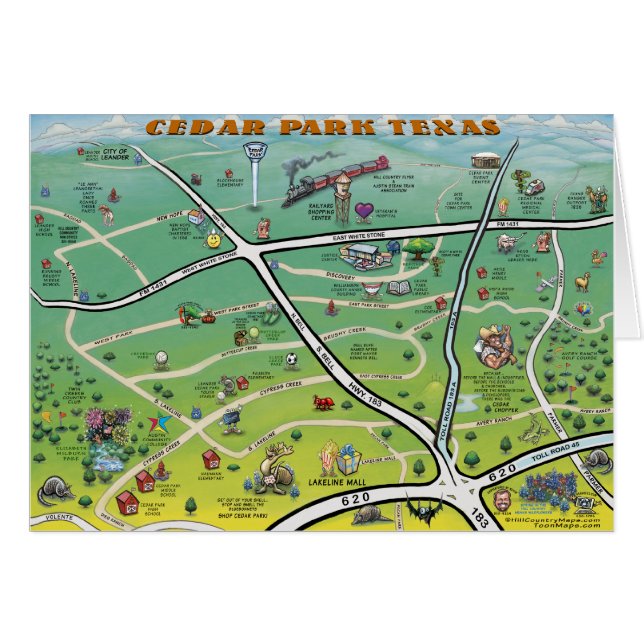 Cedar Park Texas Cartoon Map (Voorkant Horizontaal)