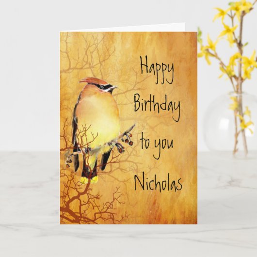 Cedar Waxing Bird Custom Name Birthday Kaart (Gele Bloem)