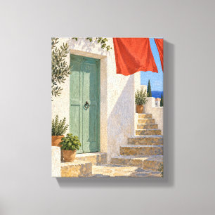 Celadon binnenplaats met rode was Mediterraan Canvas Afdruk