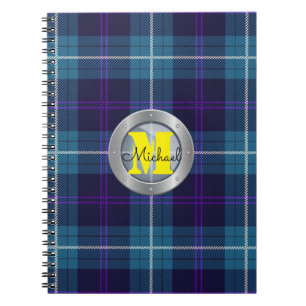 Celadon Blue Pset Tartan Metallic Steel Monogram Notitieboek